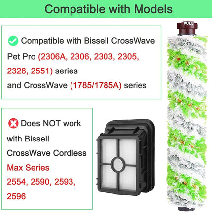 6 Pack Replacement Parts or bissell CrossWave Pet Pro 2306A & CrossWave 1785 Series 3888A Vacuum Cleaner, 3 Pack 2460 Brush Rolls,3 Pack 1866 ilters,Compare to Part 1613568&161-3568,1608684