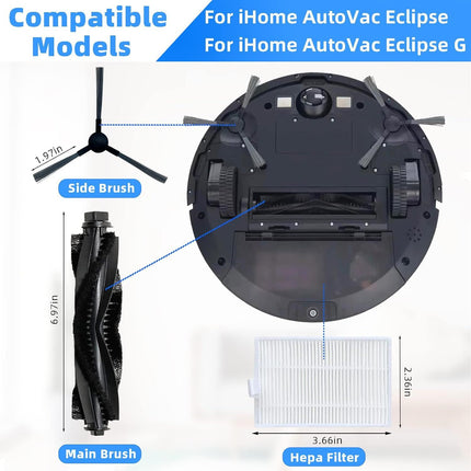 Accessories Kit or iHome AutoVac Eclipse iHRV1 / Eclipse G iHRV2 Robot Vacuum Replacement Parts, 1 Main Roller Brush, 4 Side Brush, 4 Hepa ilter