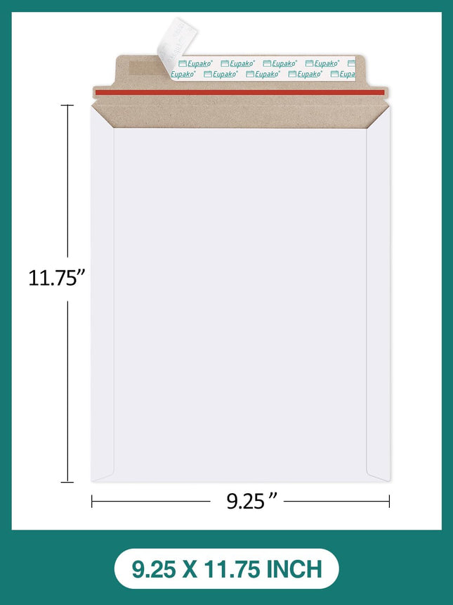 Eupako 9x11.5" 25 Pack Photo Document Mailer White Stay Flat Self-Seal Cardboard Envelopes for CDs, Pictures, Documents, 9.25 x 11.75 Inches