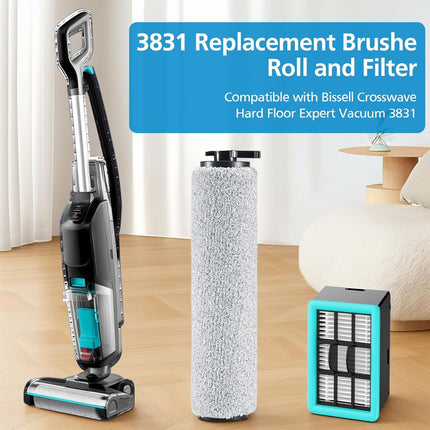 6-pack 3831 Vacuum Cleaner Brush Roll+ ilter Replacement Parts or Bissell Crosswave H2/3845N/3831 loor Scrubber, 3 Brush Rolls+3 ilters