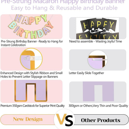 Happy Birthday Banner - 9ft Pre-Strung Happy Birthday Sign for Women, Men, Girls, Boys - No DIY Birthday Decorations & Party Supplies(Macaron)