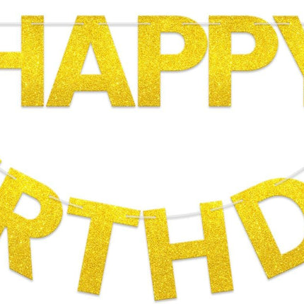 Happy Birthday Banner - 9 ft Pre-Strung Backdrop Sign for Women, Men, Girls, Boys - No DIY Gold Glitter Birthday Decorations & Party Supplies