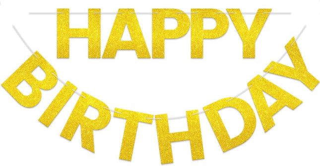 Happy Birthday Banner - 9 ft Pre-Strung Backdrop Sign for Women, Men, Girls, Boys - No DIY Gold Glitter Birthday Decorations & Party Supplies