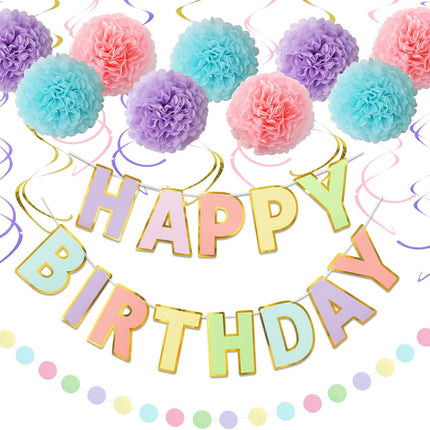 Macaron Birthday Decorations - 20-Pc Set with Pre-Strung Happy Birthday Banner, Tissue Paper, Garland, Swirls | Pastel Party Supplies for Women Girls Baby Shower, Adults Birthday Party Decor