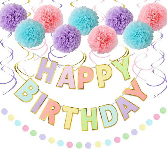 Macaron Birthday Decorations - 20-Pc Set with Pre-Strung Happy Birthday Banner, Tissue Paper, Garland, Swirls | Pastel Party Supplies for Women Girls Baby Shower, Adults Birthday Party Decor