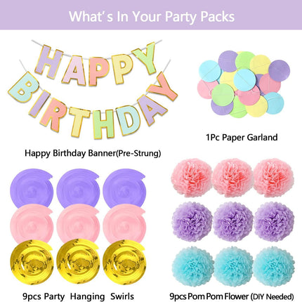 Macaron Birthday Decorations - 20-Pc Set with Pre-Strung Happy Birthday Banner, Tissue Paper, Garland, Swirls | Pastel Party Supplies for Women Girls Baby Shower, Adults Birthday Party Decor