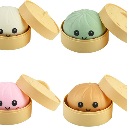 4 PCS Smiling face Colorful Dumpling Stress Balls Fidget Sensory Toy,Squeeze Dough Ball Stress Relief Hand Toy,Bun with Food Steamer Stretchy Desk Toys