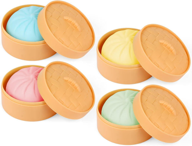 4 PCS Colorful Dumpling Stress Balls Fidget Sensory Toy,Squeeze Dough Ball Stress Relief Hand Toy,Bun with Food Steamer Stretchy Desk Toys