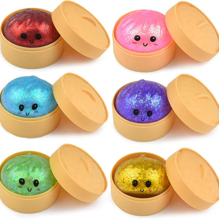 6 PCS Glitter Smiling face Colorful Dumpling Stress Balls Fidget Sensory Toy,Squeeze Dough Ball Stress Relief Hand Toy,Bun with Food Steamer Stretchy Desk Toys