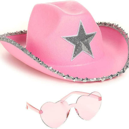 Cowboy Hat Pink Cowgirl Hat With Heart Glasses - Pink Cowboy Hat With Silver Sequin Star - Halloween Decor Cow