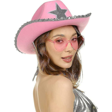 Cowboy Hat Pink Cowgirl Hat With Heart Glasses - Pink Cowboy Hat With Silver Sequin Star - Halloween Decor Cow