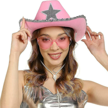 Cowboy Hat Pink Cowgirl Hat With Heart Glasses - Pink Cowboy Hat With Silver Sequin Star - Halloween Decor Cow