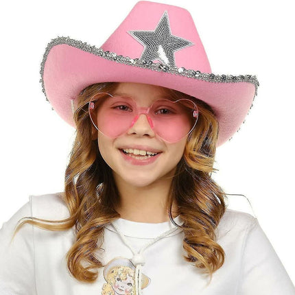 Cowboy Hat Pink Cowgirl Hat With Heart Glasses - Pink Cowboy Hat With Silver Sequin Star - Halloween Decor Cow