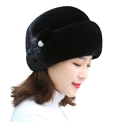 Winter Hat Faux Rabbit Fur Decor Thick Luxury Women Cap - Black
