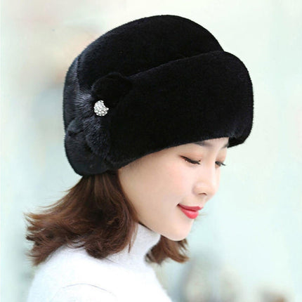Winter Hat Faux Rabbit Fur Decor Thick Luxury Women Cap - Black