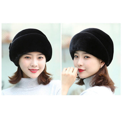 Winter Hat Faux Rabbit Fur Decor Thick Luxury Women Cap - Black