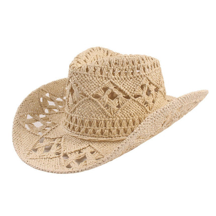 Cowboy Hat Classic Vintage Hollow Out Unisex Curled Edge Wide Brim Men Sun Hat Fishing Hat-Yellow