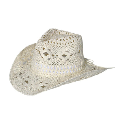 Straw Hat Ventilated Hollow Round Collapsible Western Cowboy Beach Hat Photo Props-Warm White