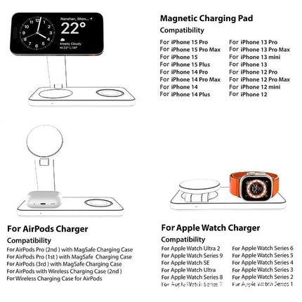 3 in 1 Charging Station for iPhone Wireless Charger Wireless Charger Dock for Apple Watch iPhone AirPods -Black
