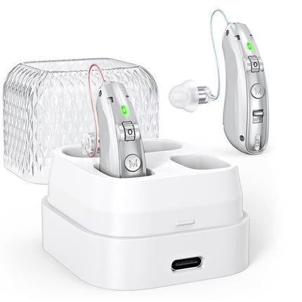 Smart Noise Reduction BTE Hearing Aid with Charging Case Rechargeable Sound Amplifier - Silver