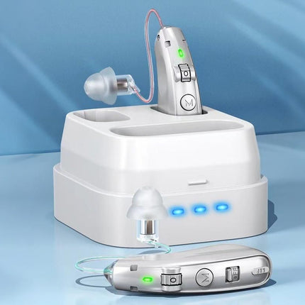 Smart Noise Reduction BTE Hearing Aid with Charging Case Rechargeable Sound Amplifier - Silver