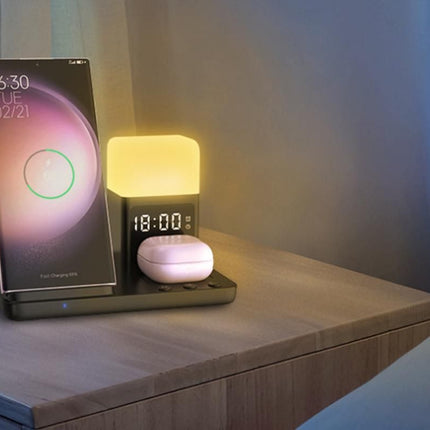 6 in 1 Charging Station with Alarm Clock Wireless Charger with Night Light for Smartphone/Watch/Earbuds Fast Charging Station