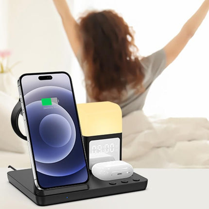 6 in 1 Charging Station with Alarm Clock Wireless Charger with Night Light for Smartphone/Watch/Earbuds Fast Charging Station