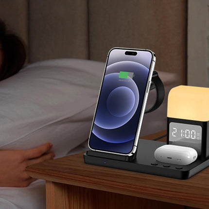 6 in 1 Charging Station with Alarm Clock Wireless Charger with Night Light for Smartphone/Watch/Earbuds Fast Charging Station