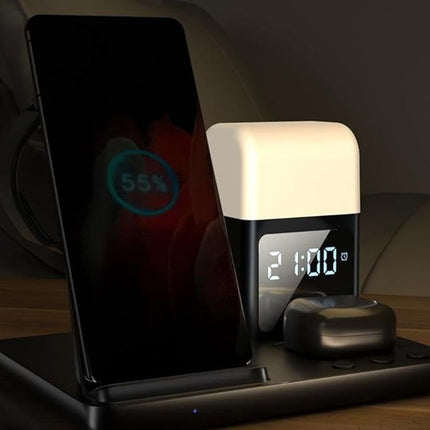 6 in 1 Charging Station with Alarm Clock Wireless Charger with Night Light for Smartphone/Watch/Earbuds Fast Charging Station
