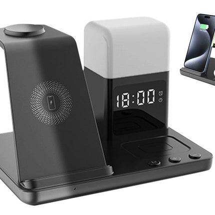 6 in 1 Charging Station with Alarm Clock Wireless Charger with Night Light for Smartphone/Watch/Earbuds Fast Charging Station