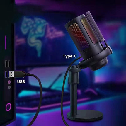USB Condenser Microphone Gaming Mic with RGB Light for PC Gaming Live Recording Streaming Black