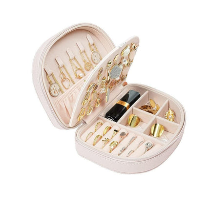 Portable Double Layer Jewelry Organizer Box PU Leather Jewelry Storage Case Apricot