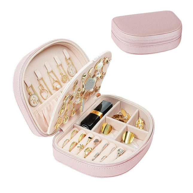 Portable Double Layer Jewelry Organizer Box PU Leather Jewelry Storage Case Pink