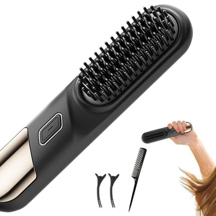 Cordless Hair Straightener Brush Mini Hot Comb for Women Anti-Scald Protection -Black