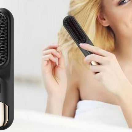 Cordless Hair Straightener Brush Mini Hot Comb for Women Anti-Scald Protection -Black
