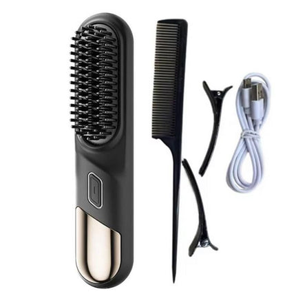Cordless Hair Straightener Brush Mini Hot Comb for Women Anti-Scald Protection -Black