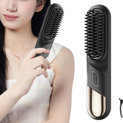 Cordless Hair Straightener Brush Mini Hot Comb for Women Anti-Scald Protection -Black