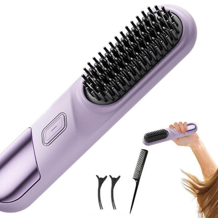 Cordless Hair Straightener Brush Mini Hot Comb for Women Anti-Scald Protection -Purple