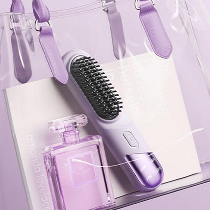 Cordless Hair Straightener Brush Mini Hot Comb for Women Anti-Scald Protection -Purple