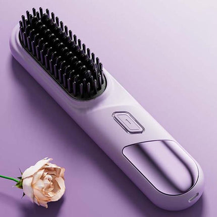 Cordless Hair Straightener Brush Mini Hot Comb for Women Anti-Scald Protection -Purple