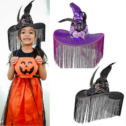 Halloween Witch Hat Wide Brim Tassel Wizard Hat With Artificial Rose Women Halloween Costume Accessory-Purple