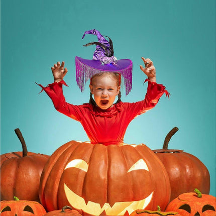 Halloween Witch Hat Wide Brim Tassel Wizard Hat With Artificial Rose Women Halloween Costume Accessory-Purple