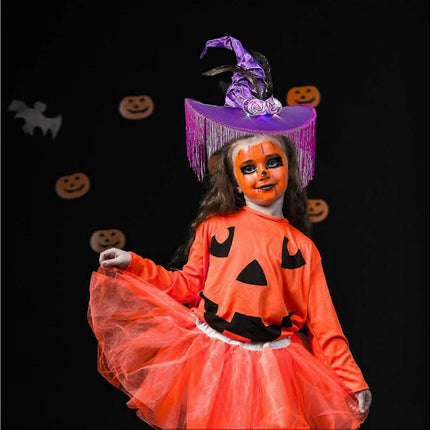 Halloween Witch Hat Wide Brim Tassel Wizard Hat With Artificial Rose Women Halloween Costume Accessory-Purple