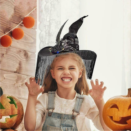 Halloween Witch Hat Wide Brim Tassel Wizard Hat With Artificial Rose Women Halloween Costume Accessory-Purple