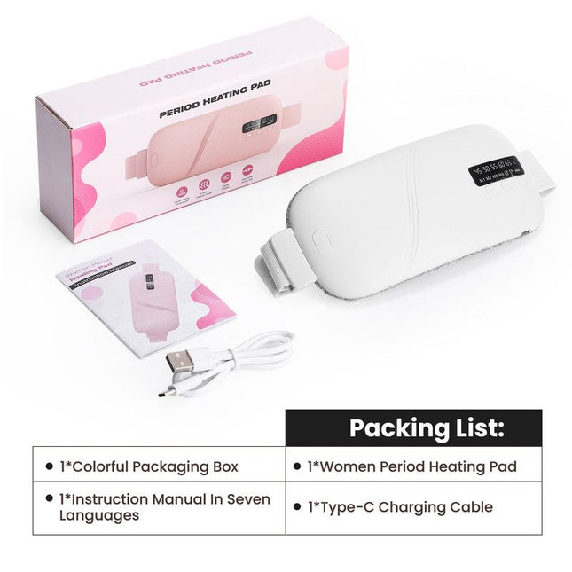 LED Display Period Heating Belt for Women, 5 Heat Settings & 4 Vibration Modes Wireless Menstrual Cramp Relief Waist Heating Pad - White