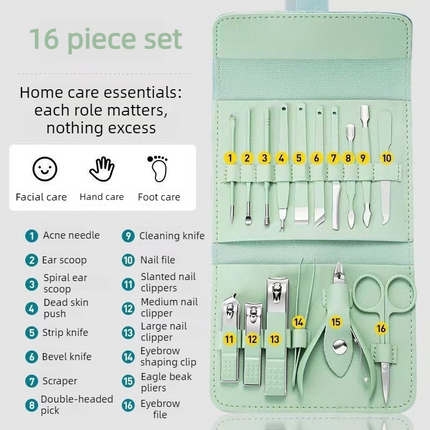 16-Piece Stainless Steel Manicure and Pedicure Set, Home Nail Clippers and Cuticle Tools Kit for Hand, Foot, and Facial Care - Black