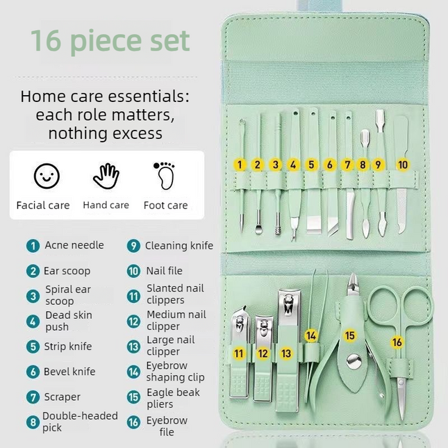 16-Piece Stainless Steel Manicure and Pedicure Set, Home Nail Clippers and Cuticle Tools Kit for Hand, Foot, and Facial Care - Black