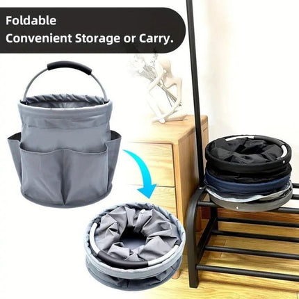 Foldable Handheld Storage Bucket with 6 Pockets, Oxford Garden Tool & Picnic Organizer Tote - Black