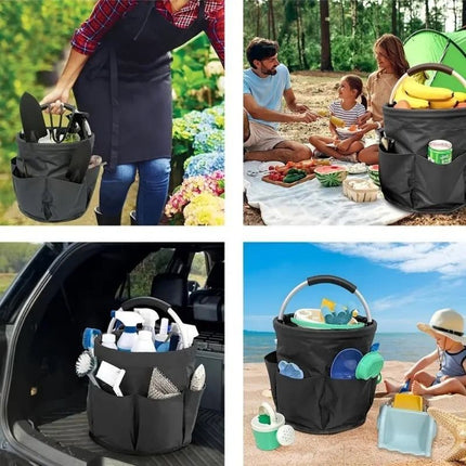 Foldable Handheld Storage Bucket with 6 Pockets, Oxford Garden Tool & Picnic Organizer Tote - Black