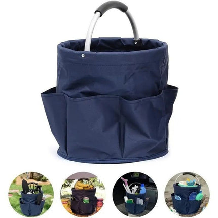Foldable Handheld Storage Bucket with 6 Pockets, Oxford Garden Tool & Picnic Organizer Tote - Blue